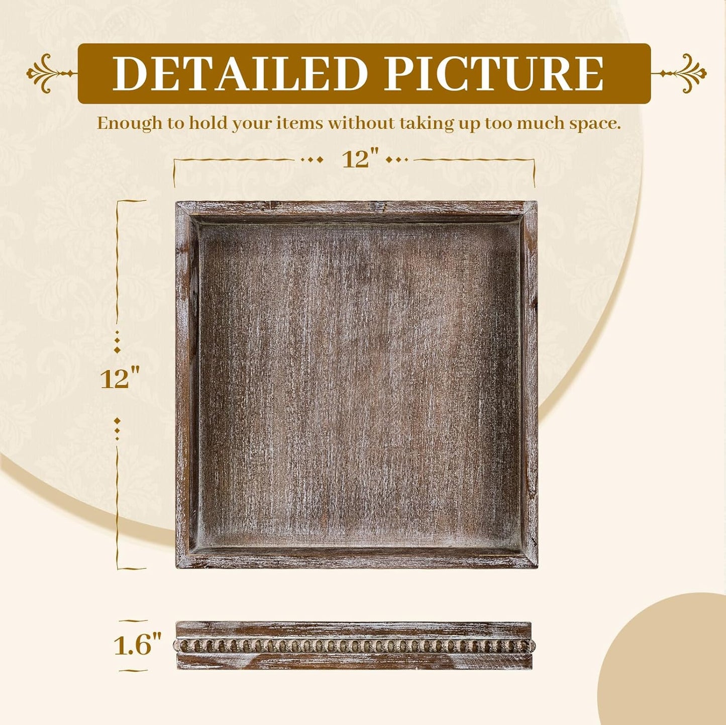MAONAME Wood Serving Tray, Farmhouse Wooden Tray for Coffee Table, Rustic Square Trays with Beads, Vintage Brown Decorative Trays for Living Room, Kitchen, 12" X 12" X 1.6"