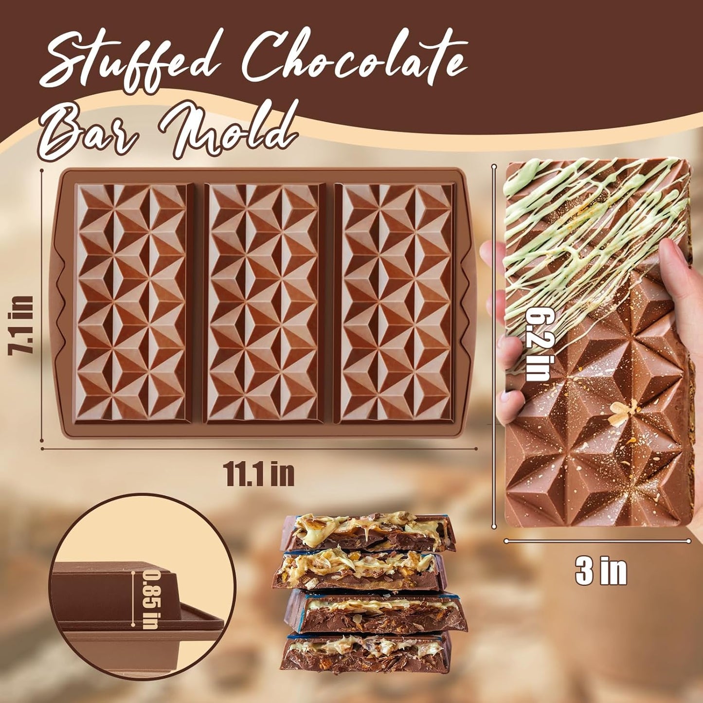 HKNMTT Chocolate Bar Mold Silicone, Large Stuffed Dubai Pistachio Deep Bar Moulds Kit 0.85 Inch Thick Big, Ideal for Homemade Making Candy Bar Bpa Free DIY Diamond Grid 2PCS