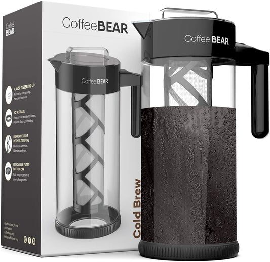 COFFEE BEAR – Cold Brew Coffee Maker and Iced Tea Brewer, Large 1.3L (44oz) Borosilicate Glass Pitcher with Reusable Mesh Filter, Easy to Clean, Dishwasher Safe