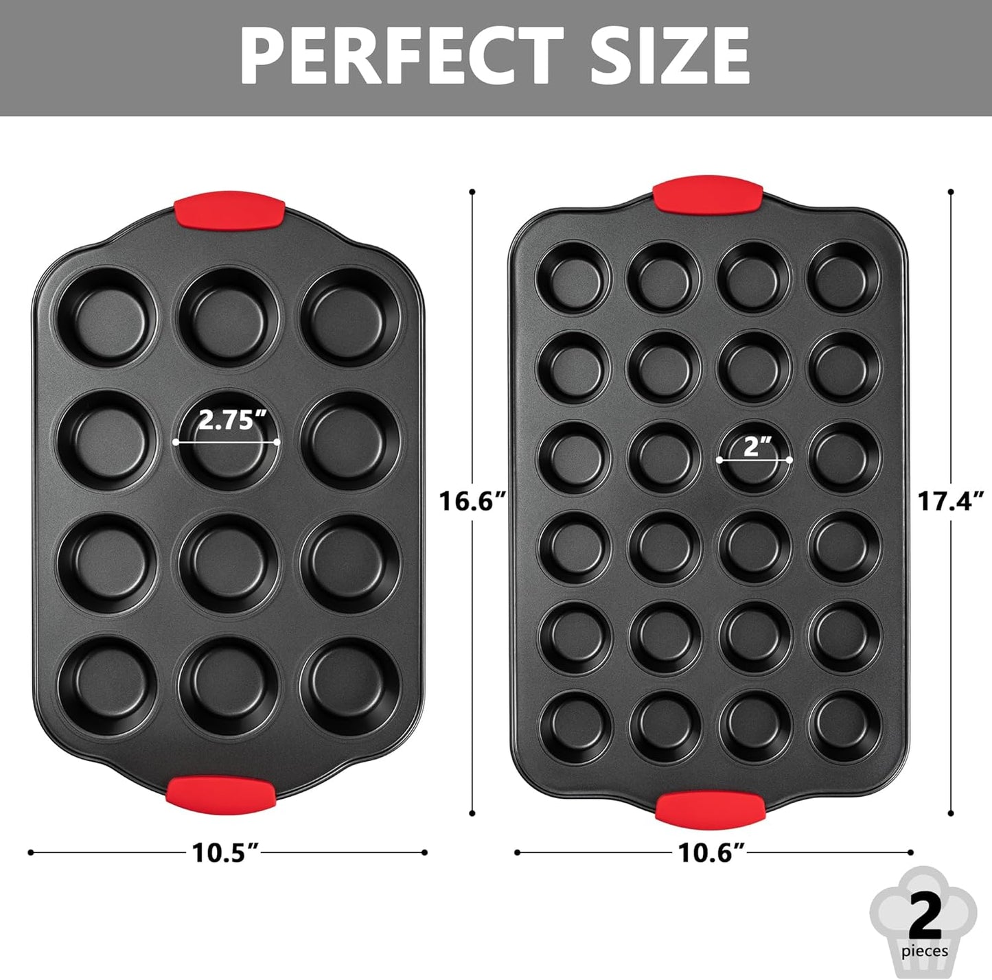 Tiawudi Muffin Pan, Nonstick Cupcake Pan Set, 2 Pack Heavy Duty Muffin Tins for Baking, 12-Cup Regular and 24-Cup Mini Bareware Tray with Silicone Grip Handles