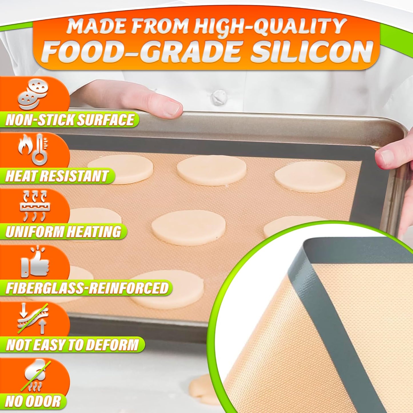 3 Pcs Silicone Baking Mat - Non-Stick Silicone Baking Mats Cookie Sheet with Reinforced Edges, Dishwasher Safe, Heat-Resistant - Uniform Heating & Easy Baking for Macarons, Cookie Dough, Roasts, Pizza