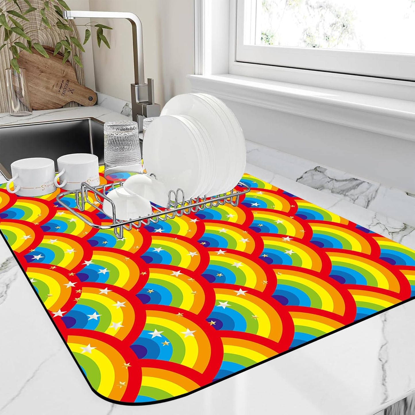 Kitchen Mat Rainbow Half Circle Star Dish Drying Mat 16"x24" Bsorbent Coffee Maker Mat for Sink Dishes or Under Rack Kitchen Counter Accessories Absorbent Hide Stain Rubber Backed Dish Drying Pad