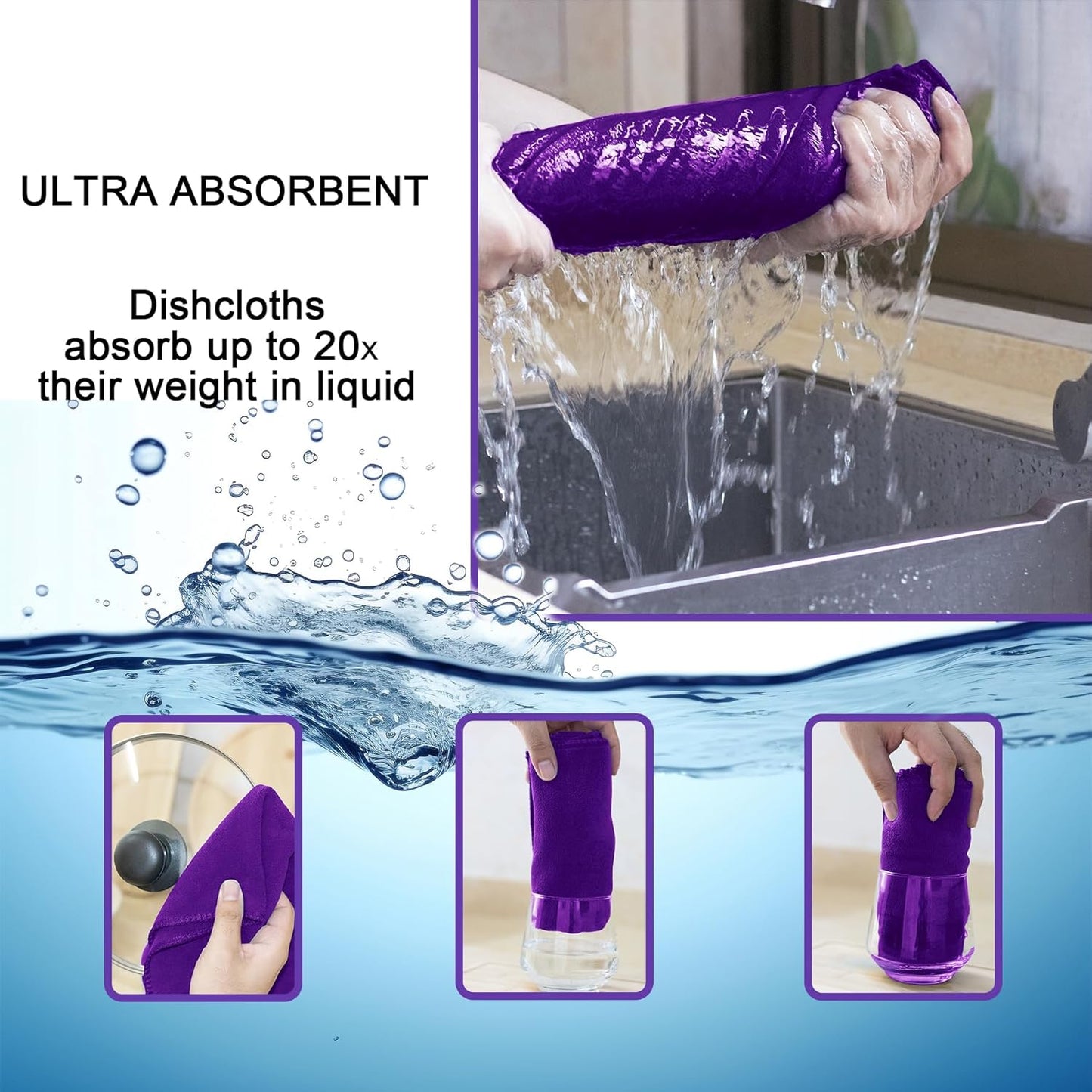 kimteny 13x28 Inches Kitchen Cloth Dish Towels, 400 GSM Premium Dishcloths, Super Absorbent Coral Velvet Microfiber Cleaning Cloths, Fast Drying Rags for Washing Dishes (8 Pack, Purple)