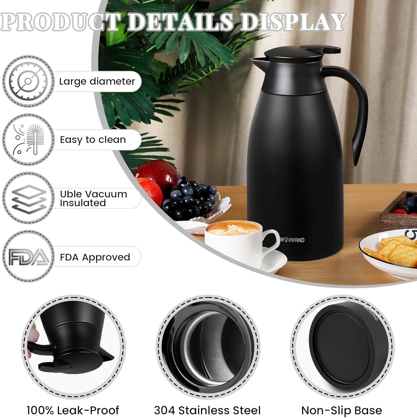 68 Oz Thermal Coffee Carafe, Stainless Steel Insulated Vacuum coffee crafts to keep coffee hot, 2 Liter Tea Water Coffee and Beverage Dispenser (Black)