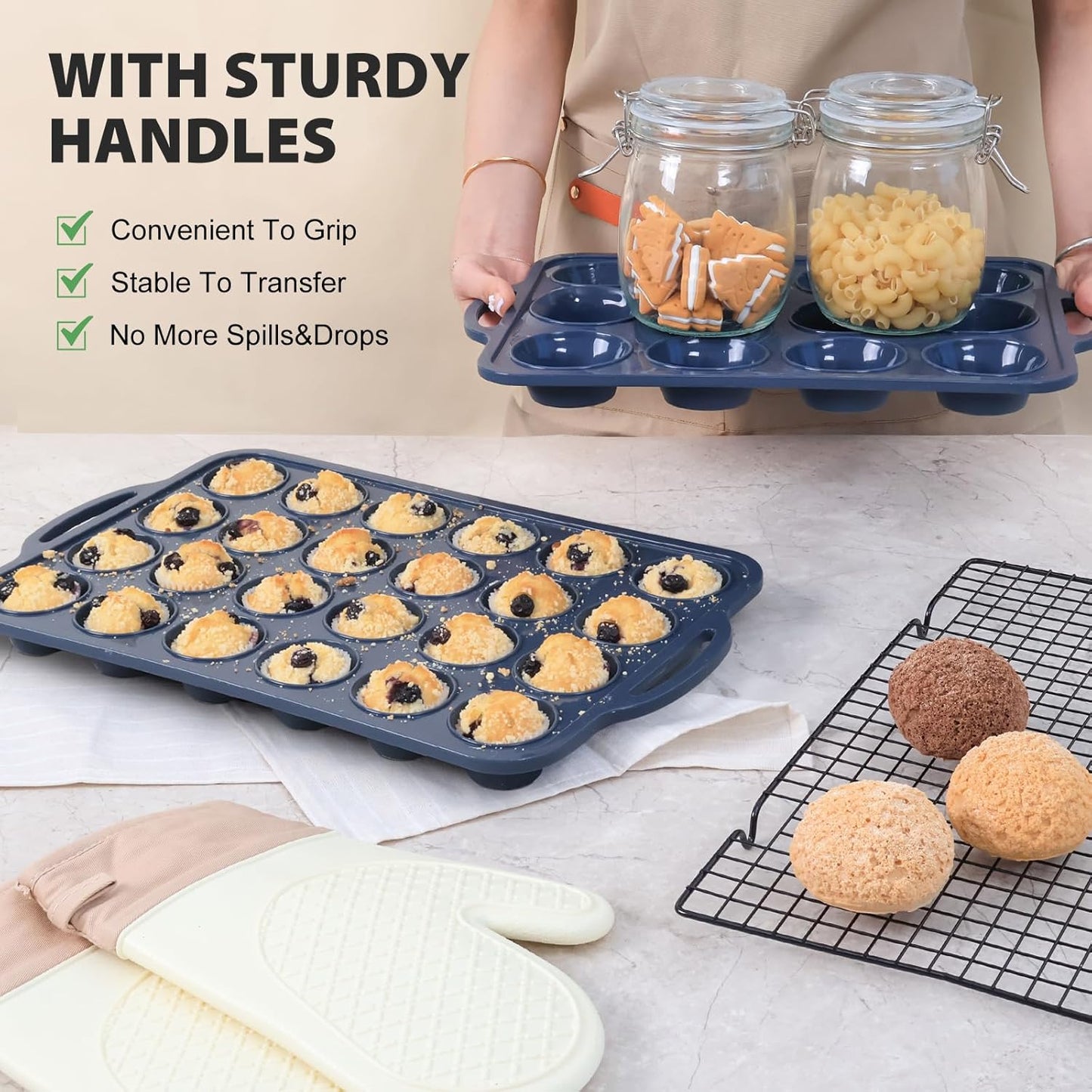 2 Pack Silicone Muffin Pan 12 and 24 Cup with Metal Frame,Non Stick Silicone Mini Cupcake Pan with Handles, BPA Free Silicon Regular Muffin Tin Tray Small for baking, egg bites, Mold Grey