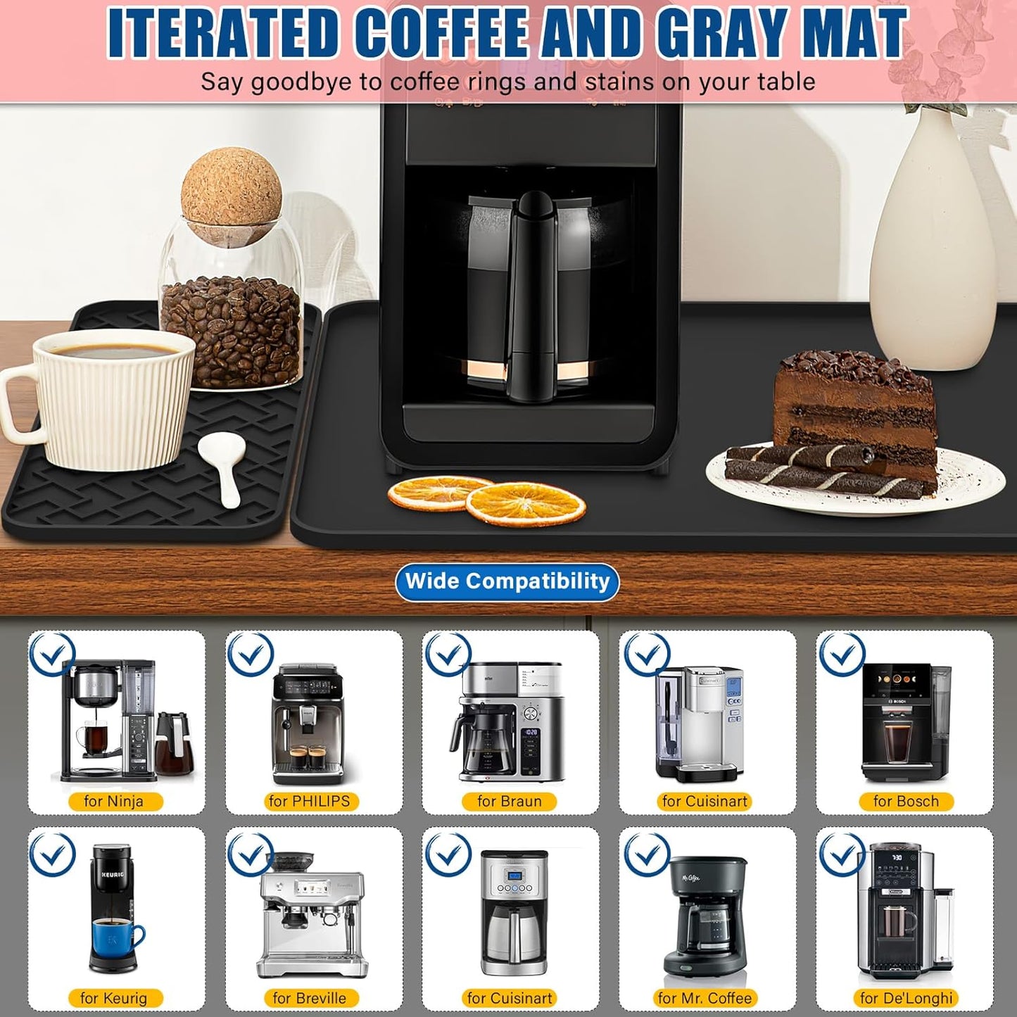 Silicone Coffee Mat - Removable Bar Mat with Concave and Convex Design, Leak-Proof and Non-Slip, Suitable for Use Under the Coffee Machine to Keep the Countertop Clean (Black31.5"x17")