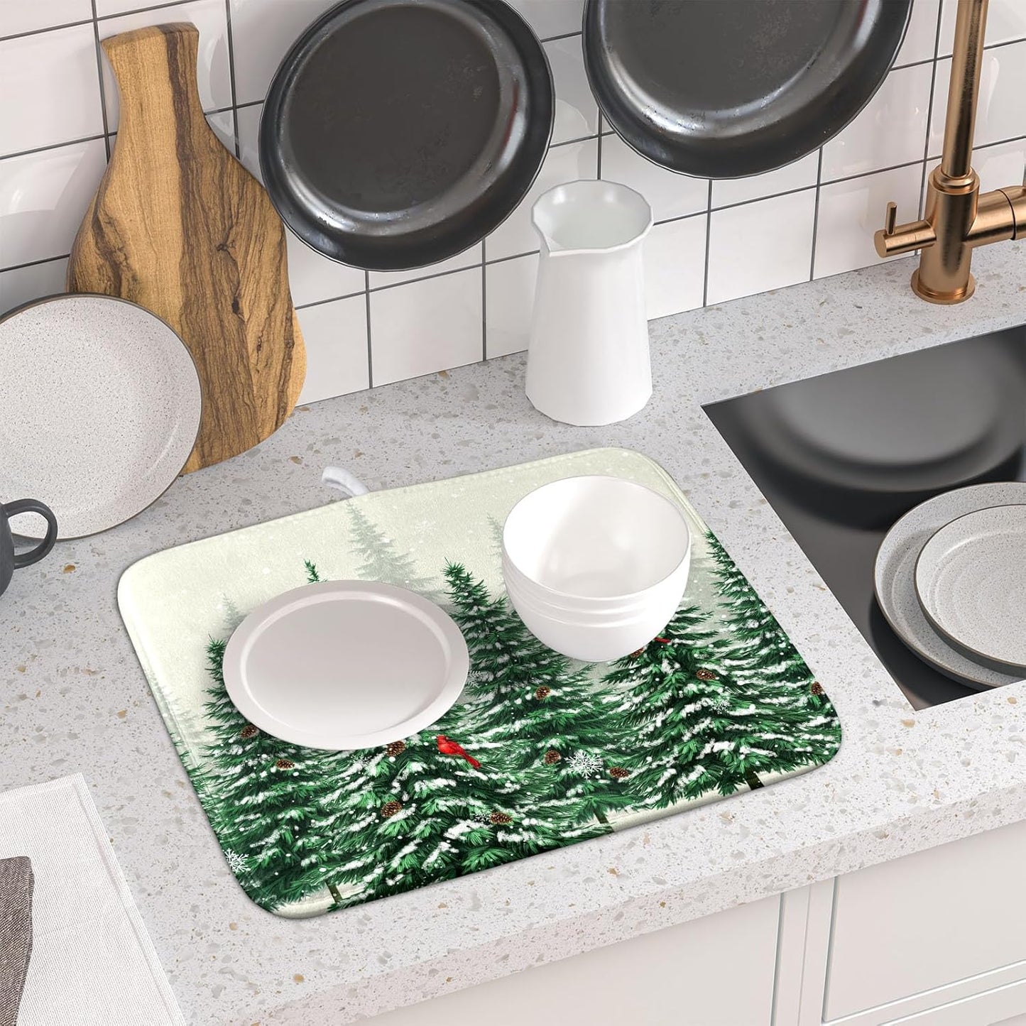 Winter Green Pine Tree Dish Drying Mat for Kitchen Counter,Red Bird Snowflake Drying Mat 16 x 18 Inch with High Absorbent Microfiber Drainer Mat for Coffee Bar
