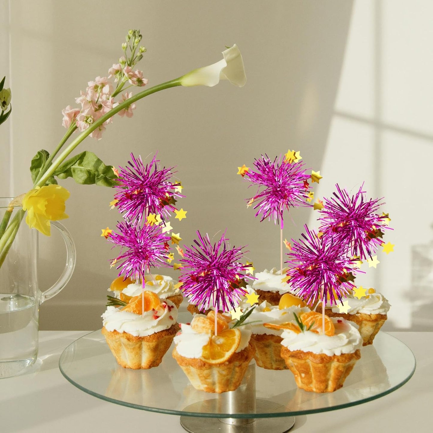 30 PCS Foil Firework Cupcake Toppers Happy Birthday Star Cupcake Picks Sparkle Tinsel Drink Stirrers Cocktail Fruit Toothpicks for Valentine's Day Wedding Birthday Party Decorations Supplies Purple