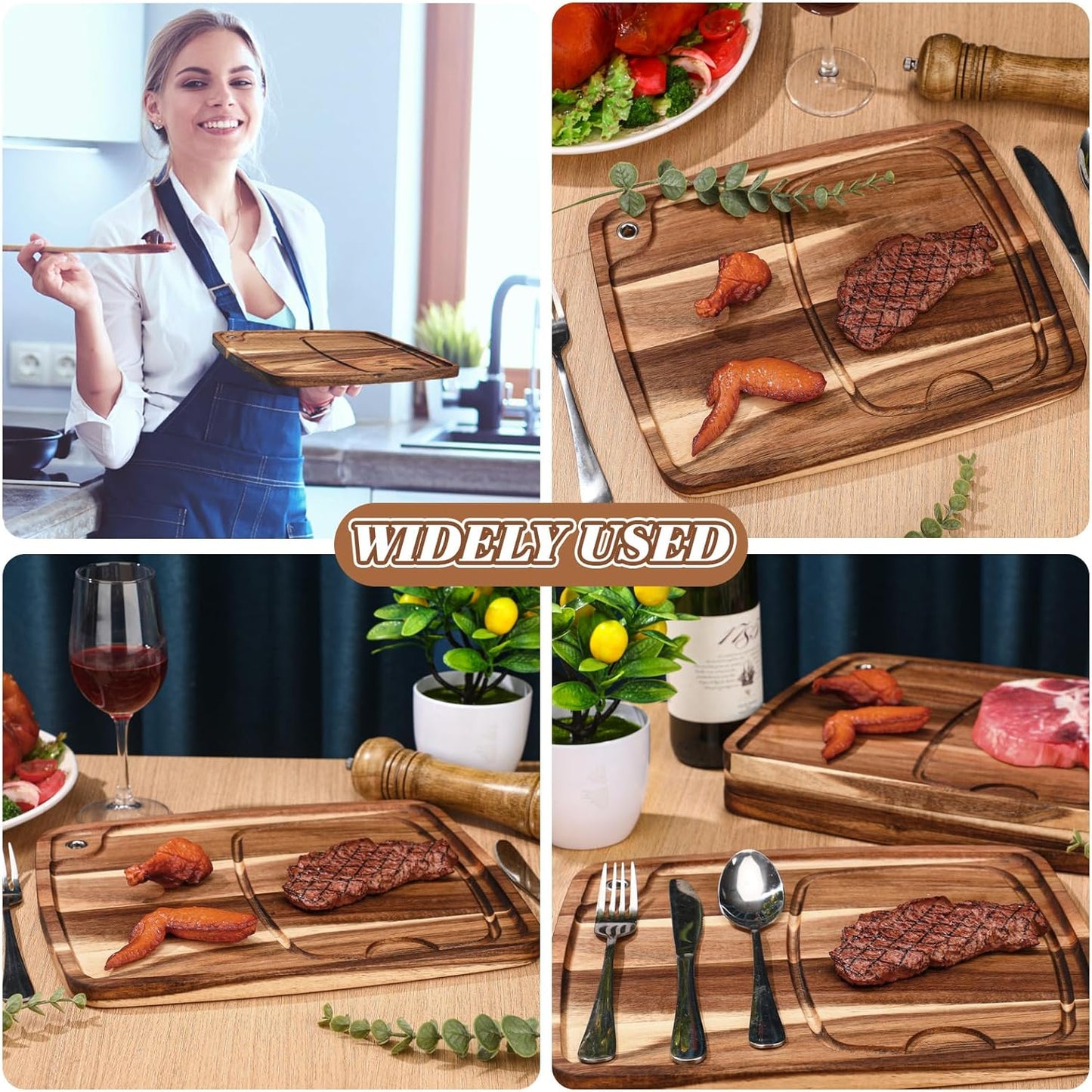 Uiifan 4 Pcs Steak Plates with Juice Channel Wooden Steak Board Set Acacia Cutting Serving Board for Home Serving Eating Meat Dishes Snack Dessert, 13 x 11 x 0.6 Inch