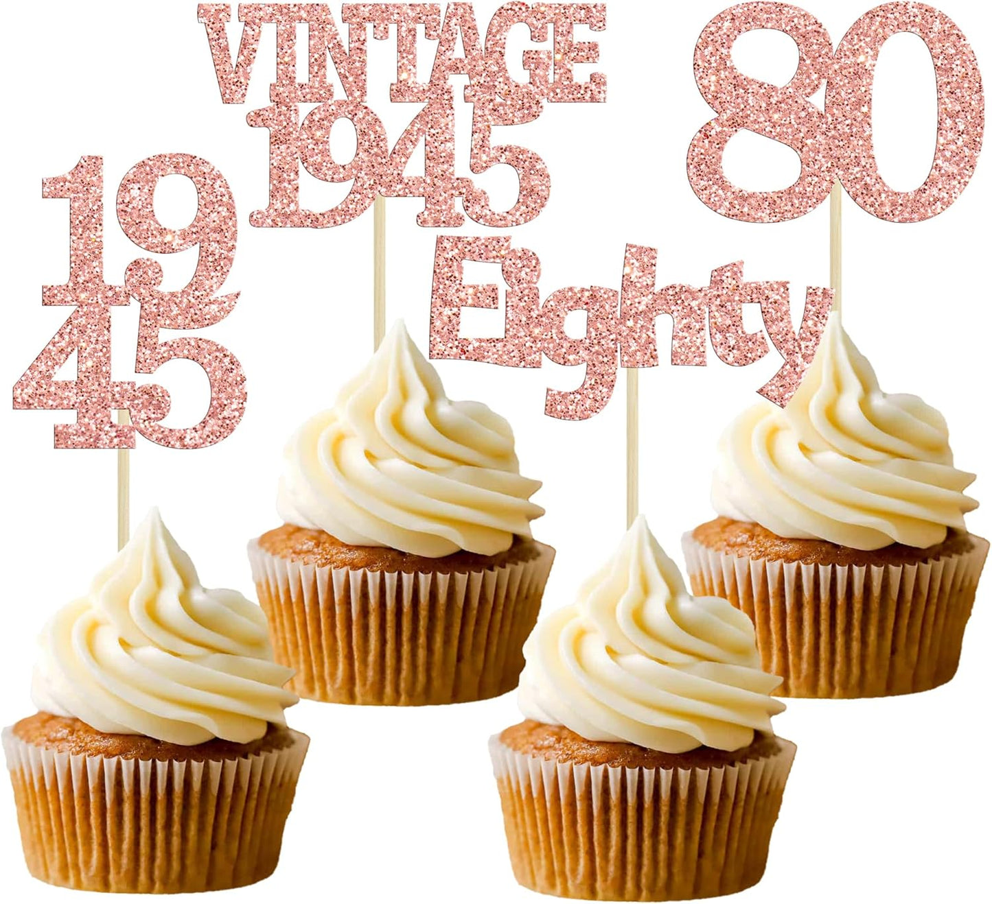 Gyufise 24Pcs 80th Birthday Cupcake Toppers Glitter Cheers to 80 Fabulous Eighty Vintage 1945 Cupcake Picks 80th Birthday Wedding Anniversary Party Cake Decorations Supplies Rose Gold