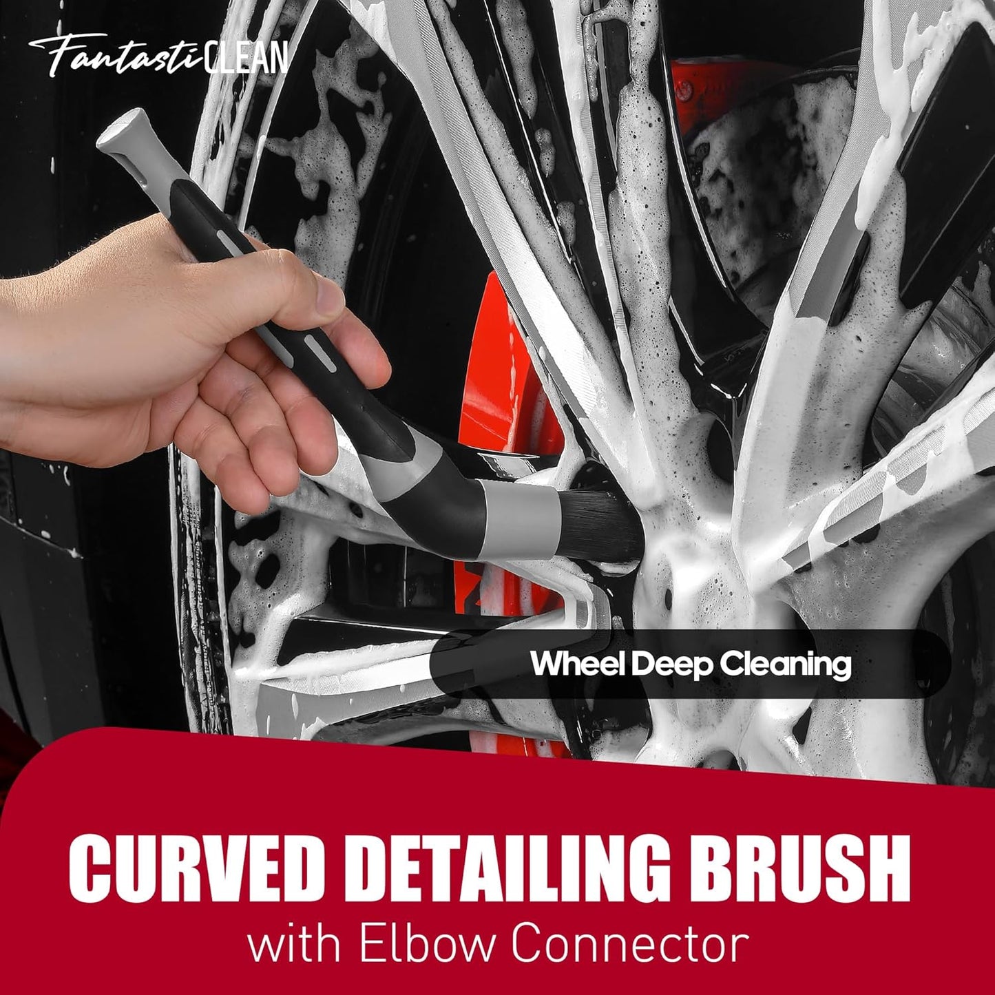 Fantasticlean 7PCS Car Wheel Brush Kit, Tire Brush, Soft-bristled Rim Brush, Scratch-Free Chenille Tape, Microfiber Bendable Brush, Curved Detailing Brush with Elbow Connector, Detailing Pads