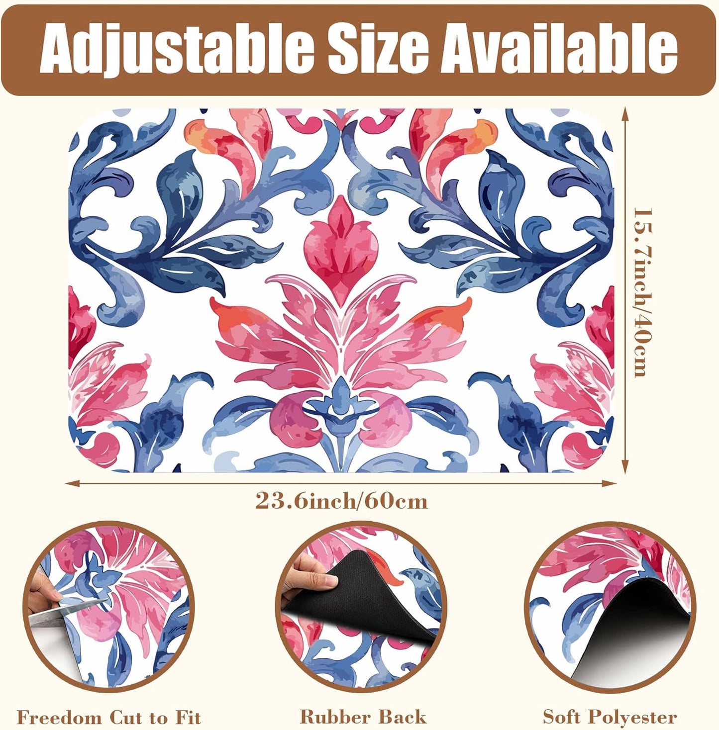 Blue and Pink Damask Coffee Mat Absorbent Dish Drying Mat for Kitchen Counter Hide Stain Coffee Bar Accessories with Rubber Backed Fit Under Espresso Machine Cafe Table, 15.7 x 23.6 Inch