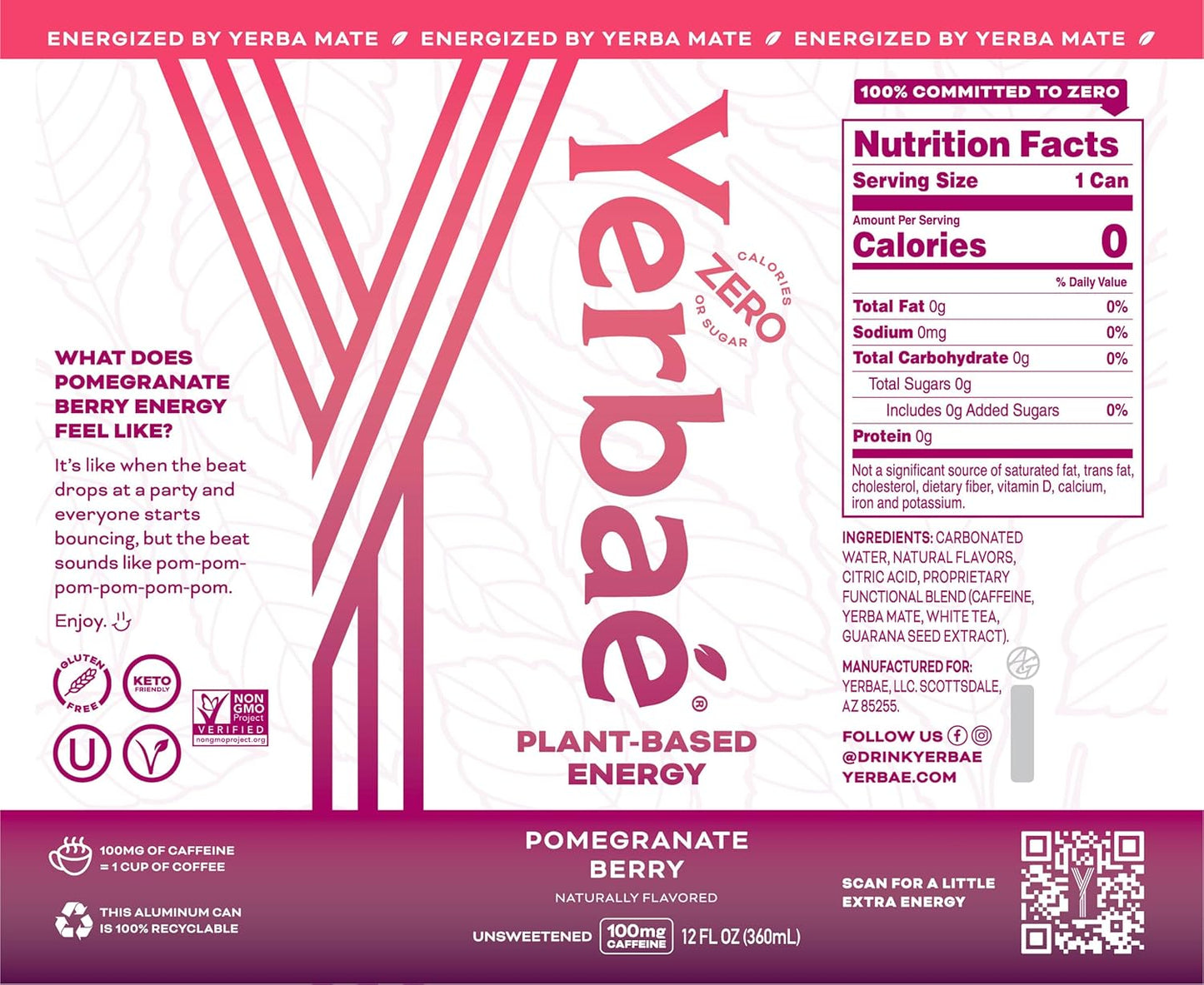 Yerbaé Energy Seltzer - Pomegranate Berry, No Sugar/Calories/Carbs. Energized by Yerba Mate, Naturally Caffeinated Plant-Based, Healthy Alternative to Coffee, Sugary Sodas, Pack of 12, 12oz cans