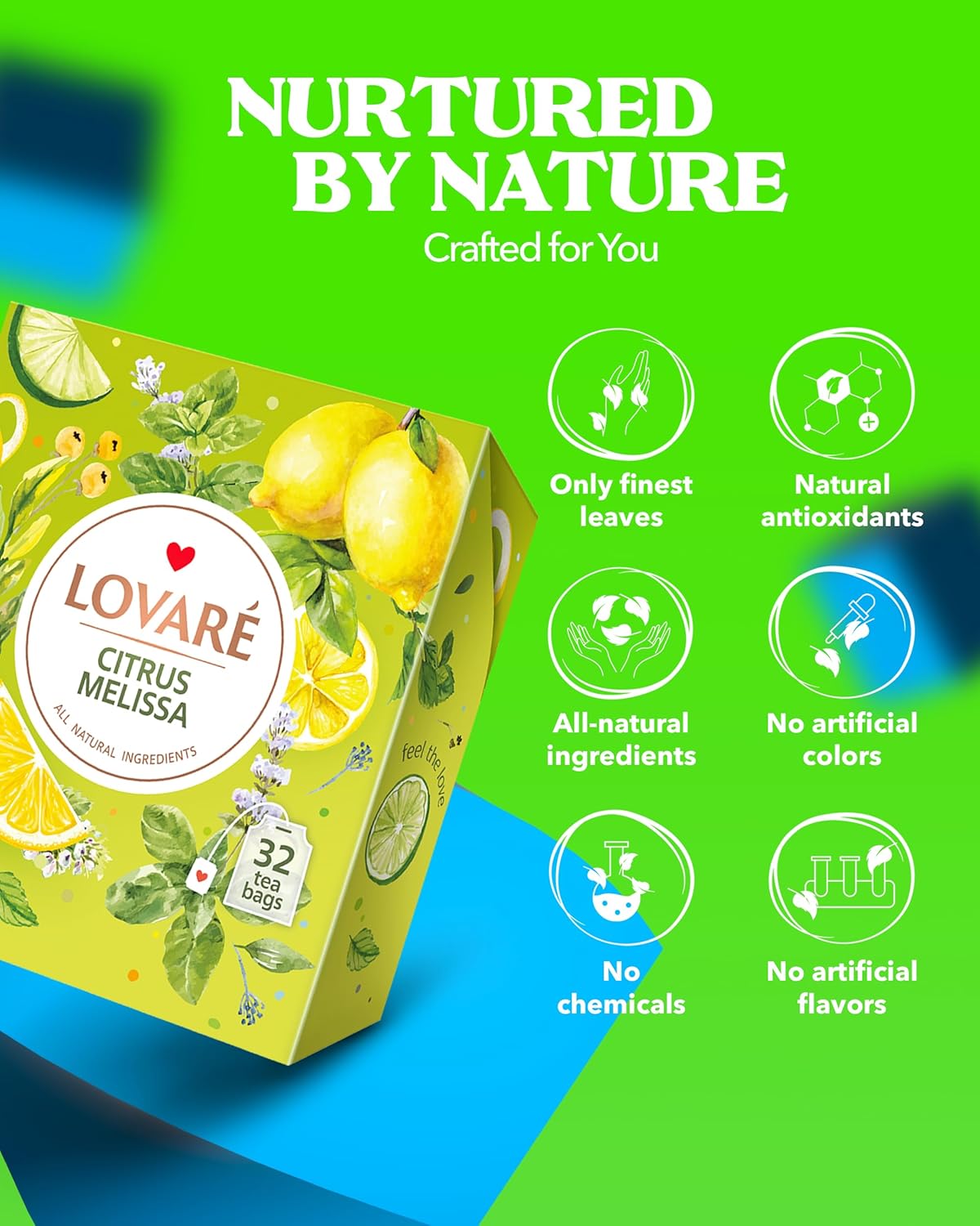 LOVARE Citrus Melissa Tea Bags 48 g - Made in Ukraine - Green Tea, Mint, Melissa, Lemongrass, Orange Peel - Tea Bags Individually Wrapped - Gift Box Sets for Tea Lovers (32 Tea Bags x 1.5 g Each)