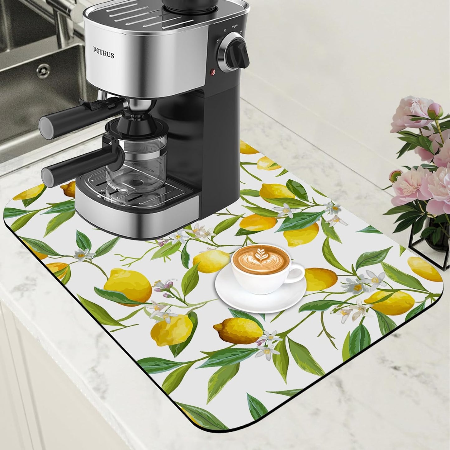 Lemon Fruits Coffee Mat Absorbent Dish Drying Mat for Kitchen Counter Hide Stain Rubber Backed Coffee Bar Accessories Fit Under Espresso Machine Cafe Table, 11.8 x 19.7 Inch
