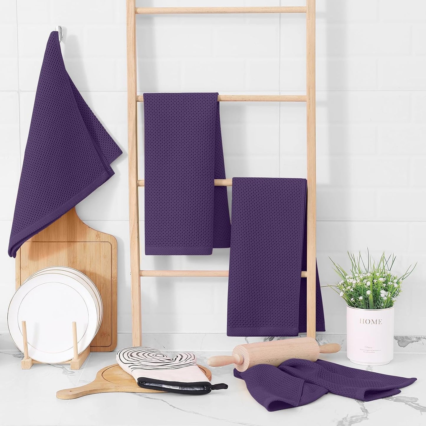 Homaxy 100% Cotton Waffle Weave Kitchen Dish Towels, Ultra Soft Absorbent Quick Drying Cleaning Towel, 13 x 28 Inches, 12-Pack, Eggplant