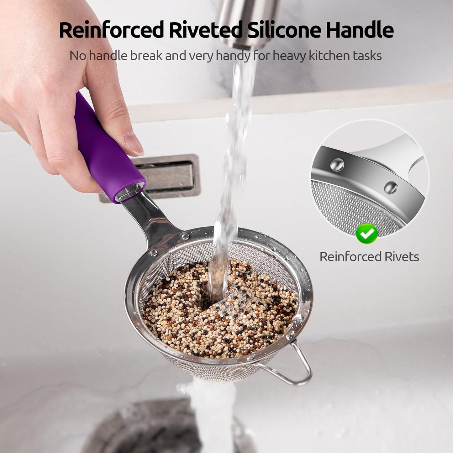U-Taste Small Fine Mesh Strainer: 18/8 Stainless Steel 3.35in 30 Mesh Kitchen Food Sieve with Sturdy Riveted Silicone Handle, Heavy Duty Deep Handheld Metal Colander for Tea, Juice (Purple)