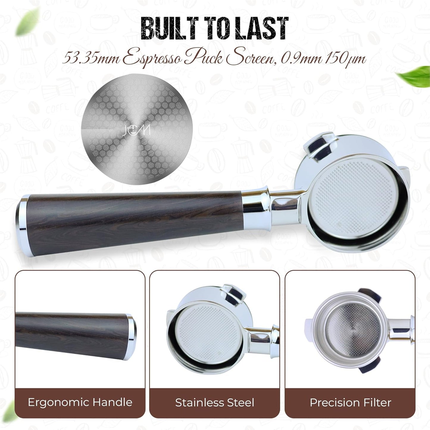 54mm Espresso Bottomless Portafilter 3 Ears Black Rosewood Handle – Fits 54mm Breville Espresso Machine – Includes Stainless Steel 18g Filter Basket & 53.35mm Espresso Puck Screen, 0.9mm 150μm