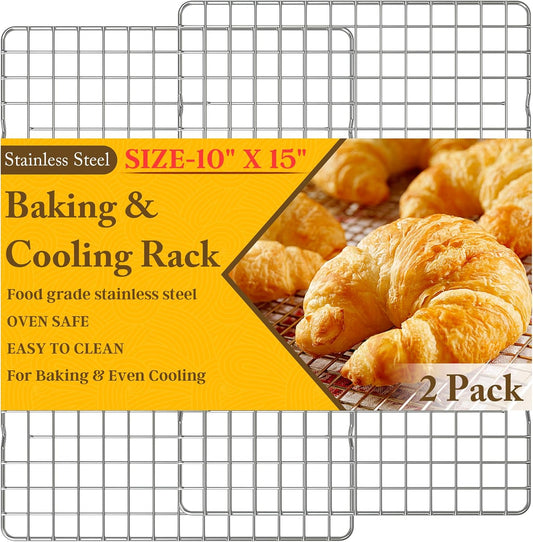2PCS Cooling Racks for Cooking and Baking - 10" x 15"Heavy Duty Stainless Steel Wire Rack for Baking, Grilling, Roasting - Oven & Dishwasher Safe - Fits Jelly Roll Sheet Pan-Silver