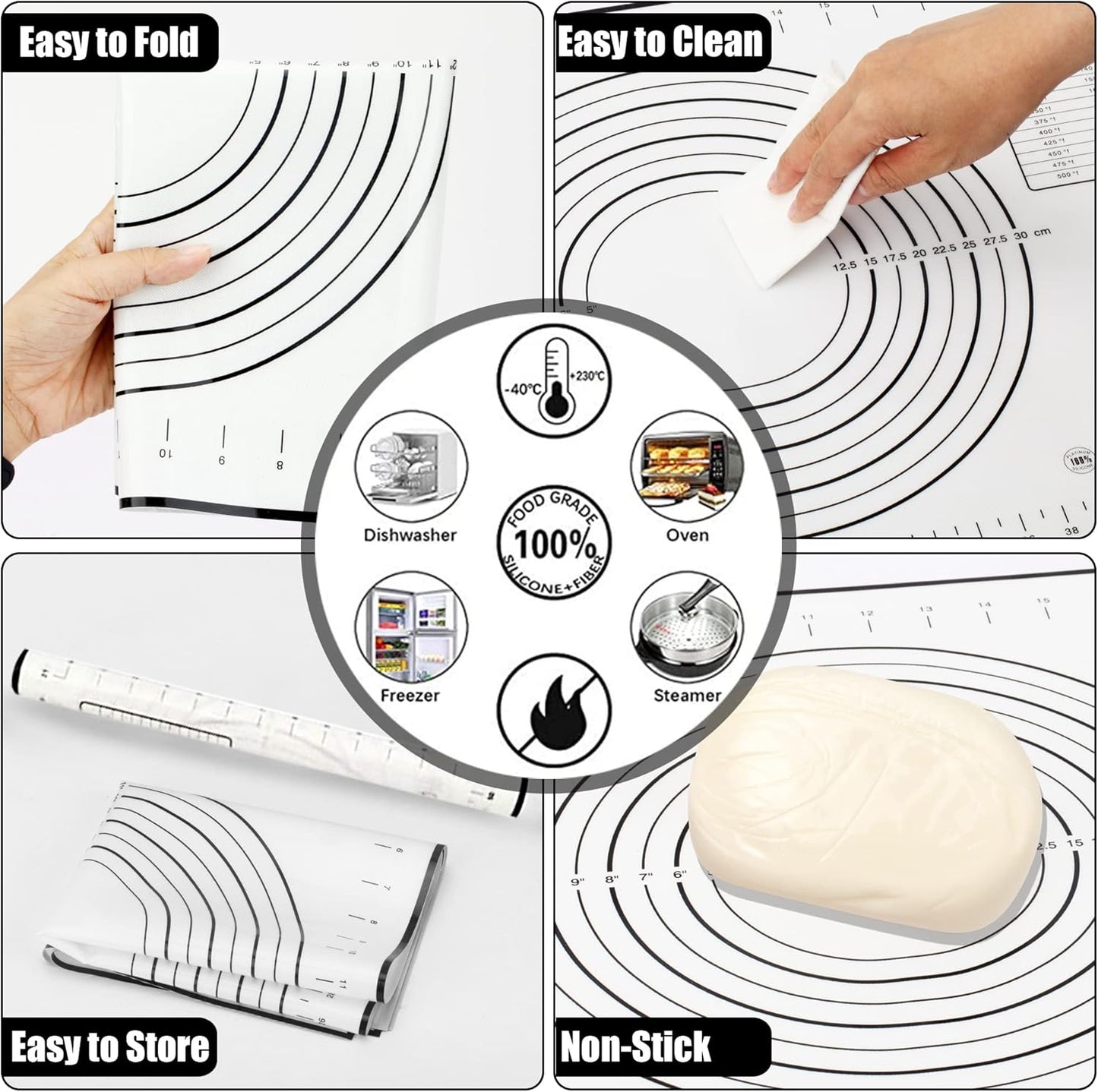 Rolling Pin with Adjustable Thickness Ring and Silicone Baking Mat for Baking, Fondant,Pizza,Pie,Cookies,Pastries,13.6"Wooden Rolling Pin Dough Roller with 4 Multi-Color Thickness Rings