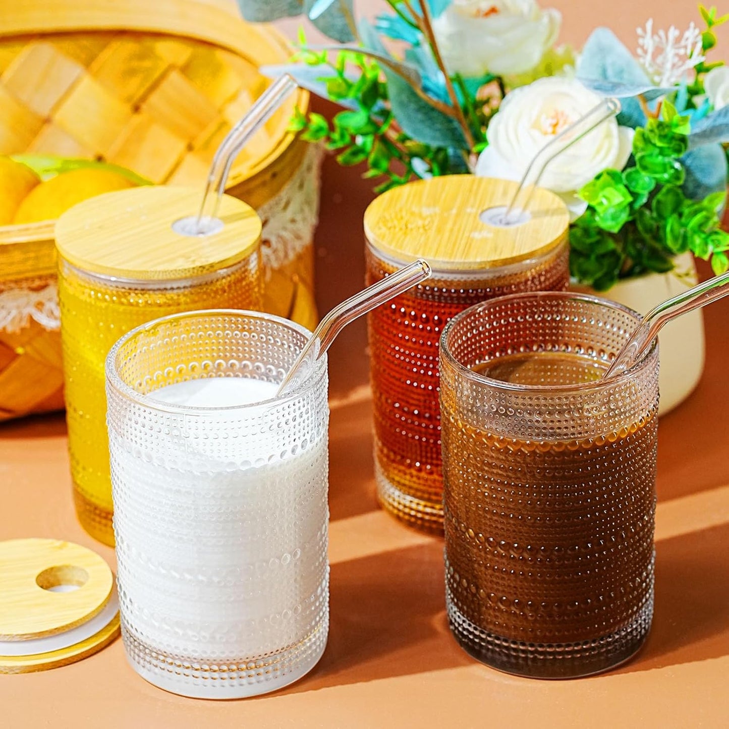 15 Oz Glass Cups with Lids and Straws, Vintage Embossed Glassware for Whiskey Cocktail Beer, Iced Coffee Cup with Lid (2 PACK)