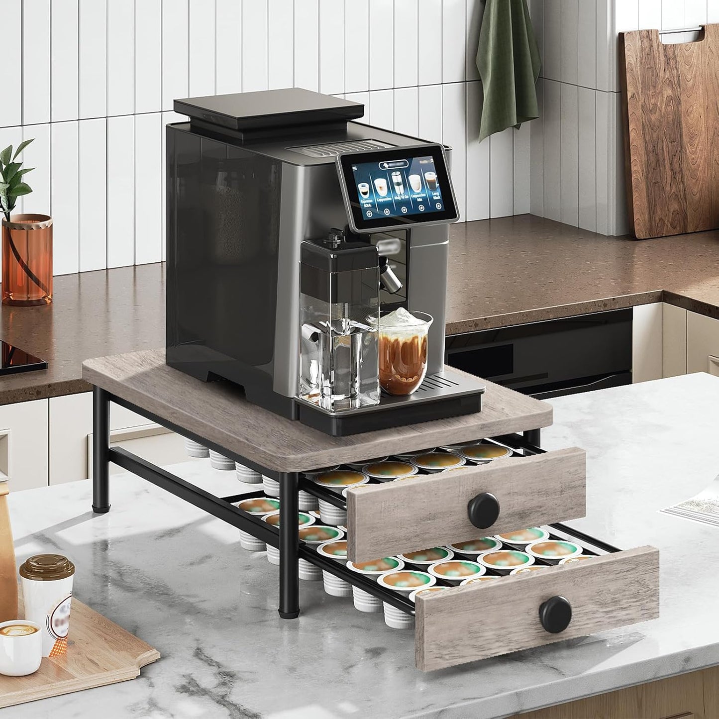 Coffee Pod Drawer Holder for K Cup, 56 Pods Capacity, 2 Tier Organizer for K Cup, Coffee Pod Organizer for Countertop, Space Saving, Easy Assembly, Greige and Black KH28BGY1