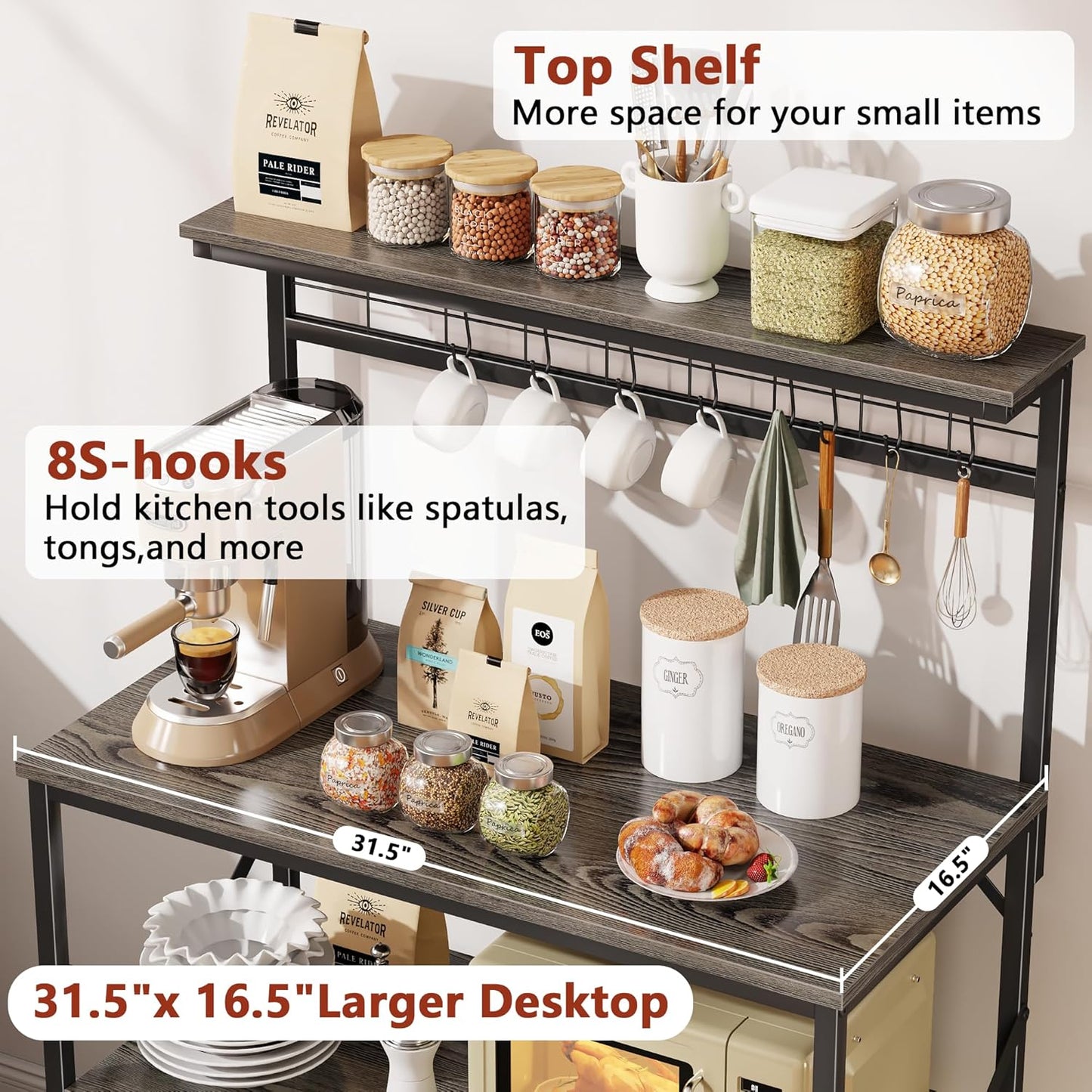 Furologee Kitchen Bakers Rack with Hutch,Coffee Stand with Storage 4 Tiers,Coffee Bar Station with a 31.5 Inch Larger Desktop and 8 S Hooks,Kitchen Microwave Rack for Spices,Pots,Rustic Brown