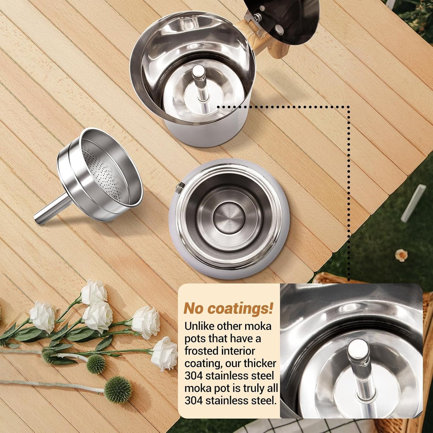 No Coating 6 Cup Moka Pot Thickened 304 Stainless Steel Stovetop Espresso Coffee Maker 300ml 10.1oz Mocha Percolator Greca Cuban Ideal for Making Rich Authentic Italian Café