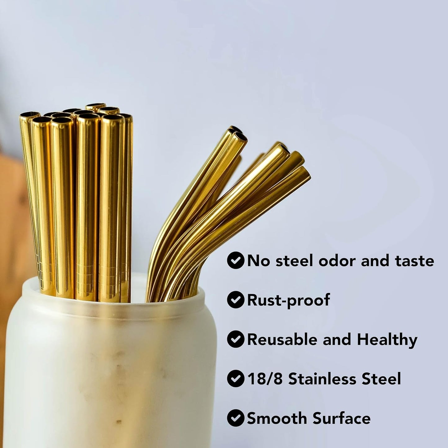 Gold stainless steel Reusable Straws-8.5" Set for smoothies, Juices &Coffee - 6-pack with Cleaning brush - Eco-Freiendly, Durable & Elegant Design