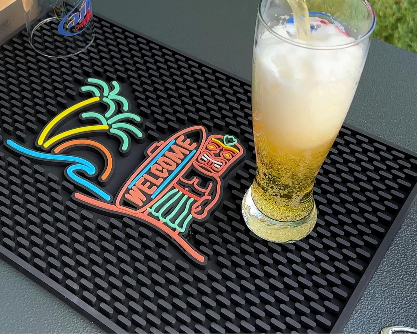 Tiki Bar Mats for Countertop 18 x 12 Tiki Bar Decor Mat Unique Tiki Man Warrior Design with Surfboard Welcome Greeting Tiki Decor, Outdoor Tiki Bar Sign and Luau Party Decorations