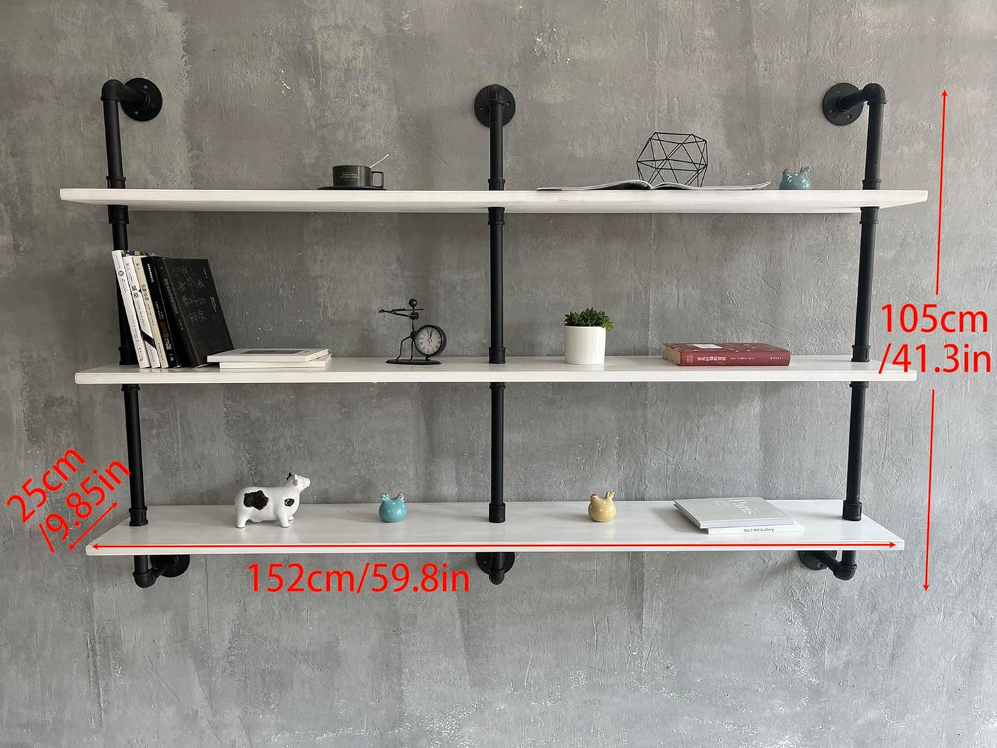 Industrial Pipe Shelving Rustic White Pipe Wall Shelves Industrial Shelves with Wood Planks Floating Shelves 60 Inch Farmhouse Bathroom,Kitchen Shelving Wall Mounted