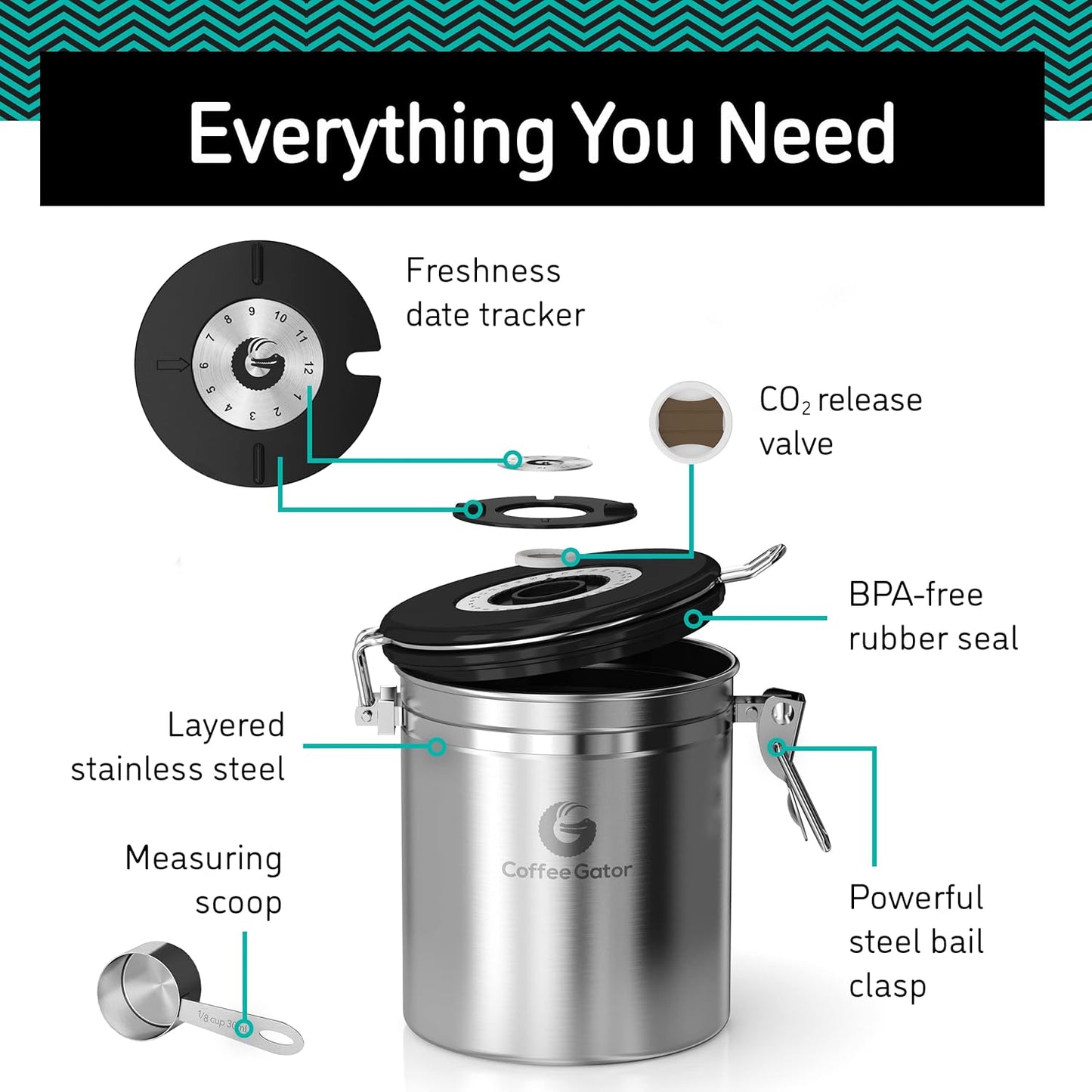 Coffee Gator Coffee Canister, 16oz Airtight Stainless Steel Kitchen Food Storage Container with Date Tracker, Scoop for Sugar,Grounds Coffee, Beans,Tea, Sugar, Cereal, Flour, Cookies Jars - Silver