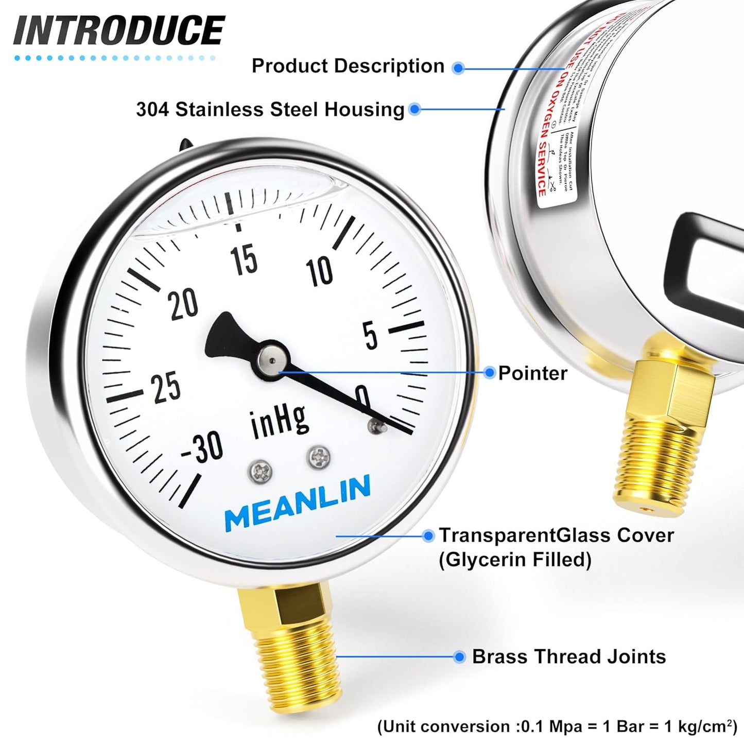 MEANLIN MEASURE -30~0Psi Stainless Steel 1/4" NPT 2.5" FACE DIAL,Vacuum Liquid Filled Pressure Gauge,Single Scale, WOG Water Oil Air Lower Mount, with 1/4" x 1/2" NPT and 1/4" x 3/8" NPT Hex Bushing