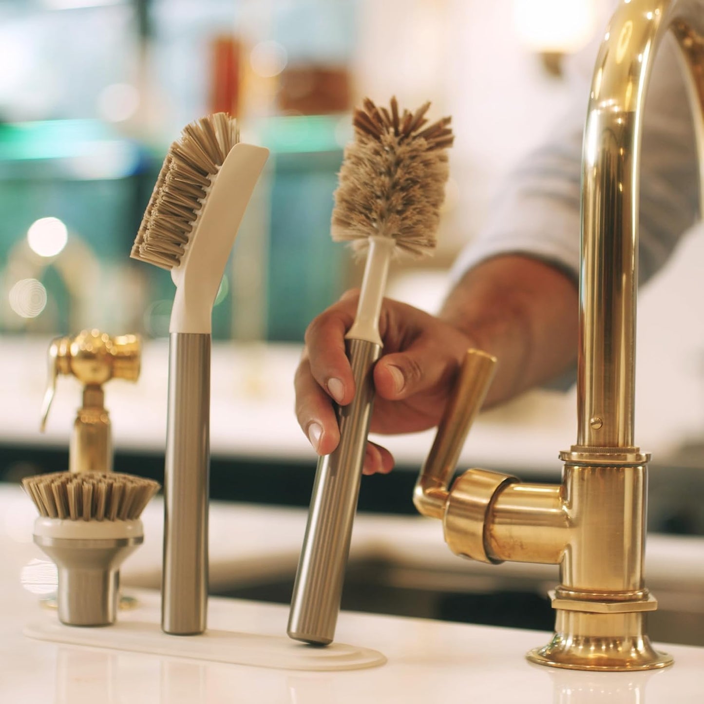 Ionic Brush Set, Magnetized to Stand Upright, Stainless Steel with Replaceable Heads, Bronze