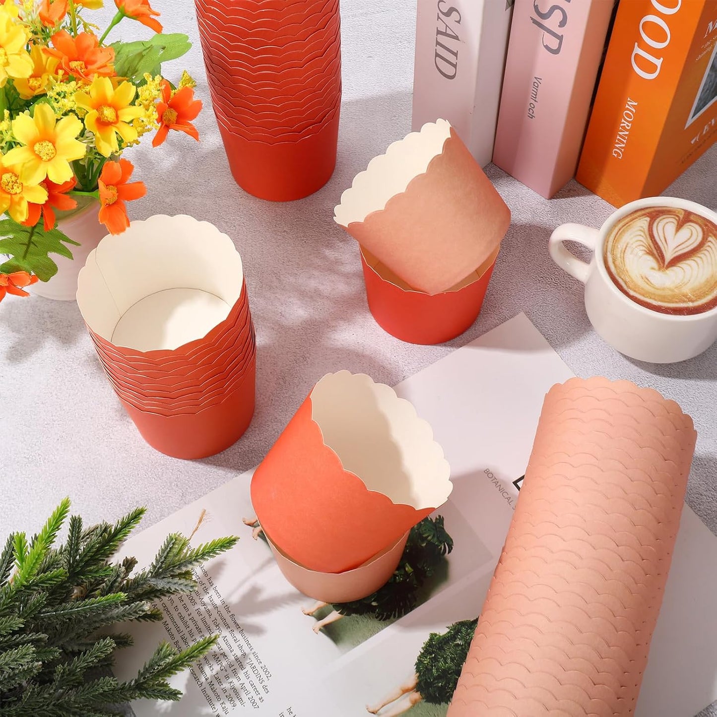 Whaline 120Pcs Orange Paper Baking Cups Scalloped Edge Cupcake Wrappers Gradient Orange Cupcake Muffin Cases for Fall Thanksgiving Party, 3 Colors