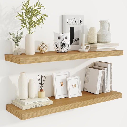 Fun Memories 36 Inch Deep Floating Shelves for Wall, 2 Pack of Wall Mounted Wood Shelves with Invisible Brackets for Bathroom, Bedroom, Living Room, Kitchen Decor and Storage, Oak