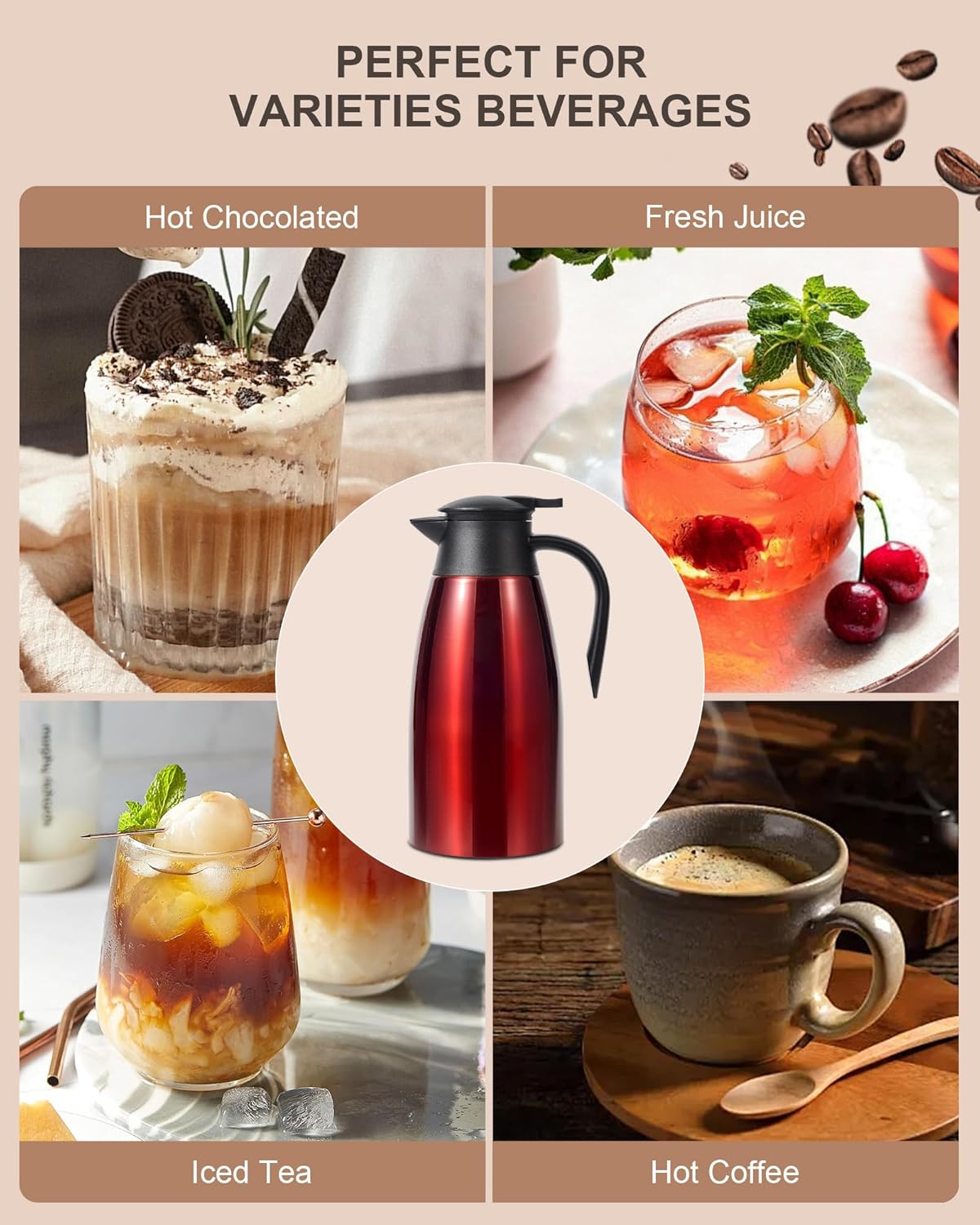 70oz Thermal Coffee Carafe, Updated Insulated Stainless Steel Coffee Carafes for Keeping Hot Coffee & Tea Hot Beverage-12Hours, Double Walled Vacuum Coffee Carafe