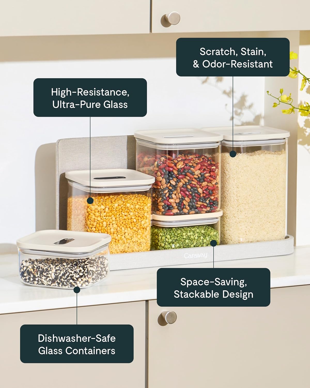 Caraway 4qt Glass Airtight Food Storage Container with Lid – Non-Toxic, BPA-Free Kitchen Storage Container – Stackable, Space-Saving Airtight Container for Dry Goods and More - Cream