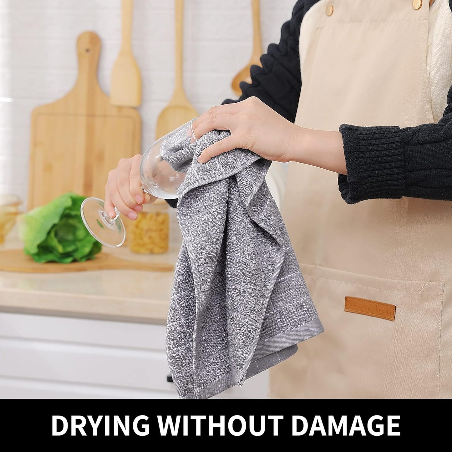 Homaxy 100% Cotton Terry Kitchen Towels(Light Grey, 13 x 28 inches), Checkered Designed, Soft and Super Absorbent Dish Towels, 8 Pack