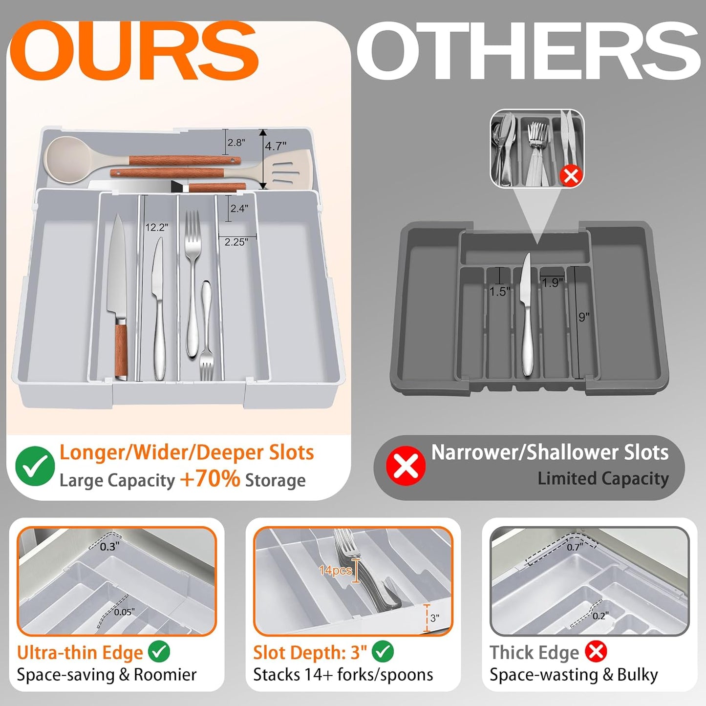 Expandable Large Silverware Organizer - BPA-Free Food-Safe Kitchen Utensil Drawer Organizer, Adjustable 4-7 Deeper Slots Cutlery Tray for Forks Knives, Kitchen Organizers and Storage Solution