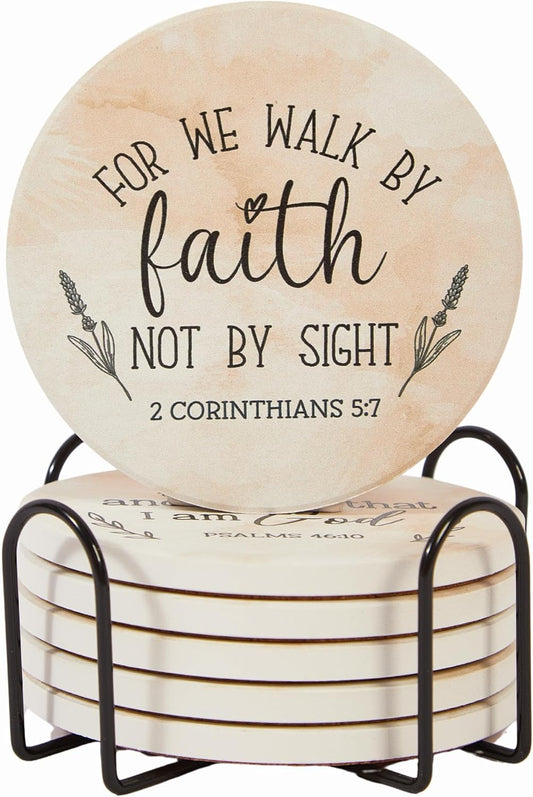 Absorbent Coaster Set of 6 with Holder, Drink Coasters for Coffee Table, Kitchen, Home Decor, Cute Ceramic Round Coasters, Alternative to Silicone, Cork or Glass Coaster (Blessed)