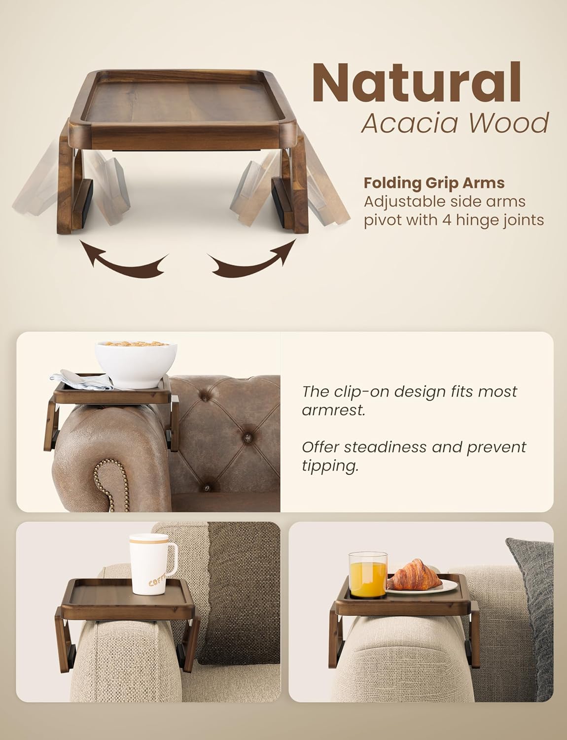 Tinamo Acacia Sofa Arm Tray, Rectangle Couch Armrest Table - Couch Accessories, Armchair Caddy, Clip on Tray for Home Sofa Living Room, Sofa Arm Table (Walnut, 13.75" D x 9.5" W x 1" H)