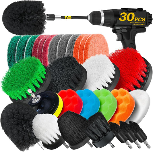 Holikme 30 Piece Drill Brush Set, Scrub Pads Scrubber Brush with Extend Long Handle Clean for Grout, Tiles, Bathtub, Bathroom, Kitchen, Black