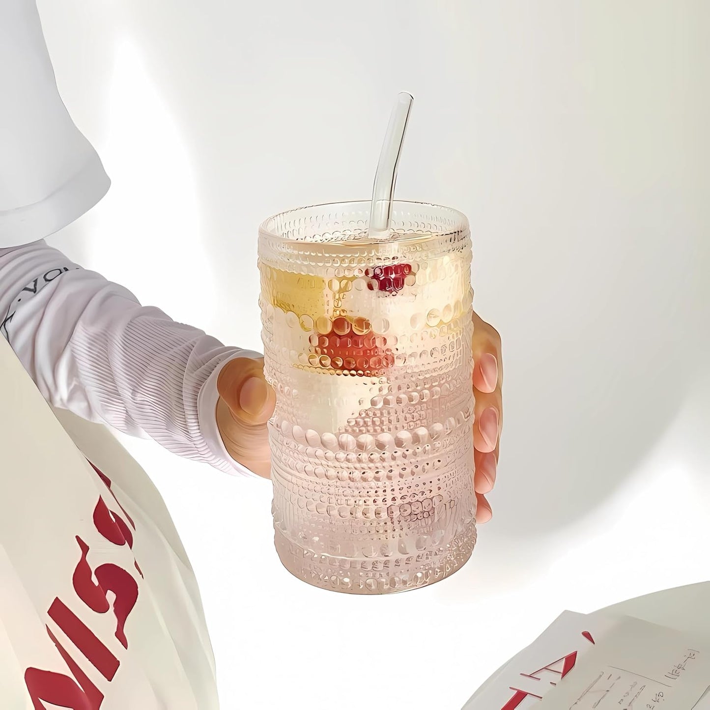 4 Pcs Iced Coffee Glasses Cups with Bamboo Lids and Straws,12 oz Thick Emboss Beaded Drinking Glass Cup Set,Latte Glasses,Ideal for Water,Soda,Gift - with Cleaning Brushe