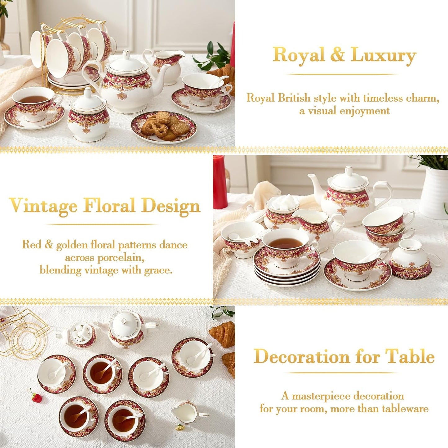 DUJUST 22 pcs Royal Vintage Porcelain Tea Set for 6, Luxury British Tea Sets for Adults with Red Patterns & Golden Trim, Beautiful Floral Tea/Coffee Cup Set, Gift Package - Royal Treat for You