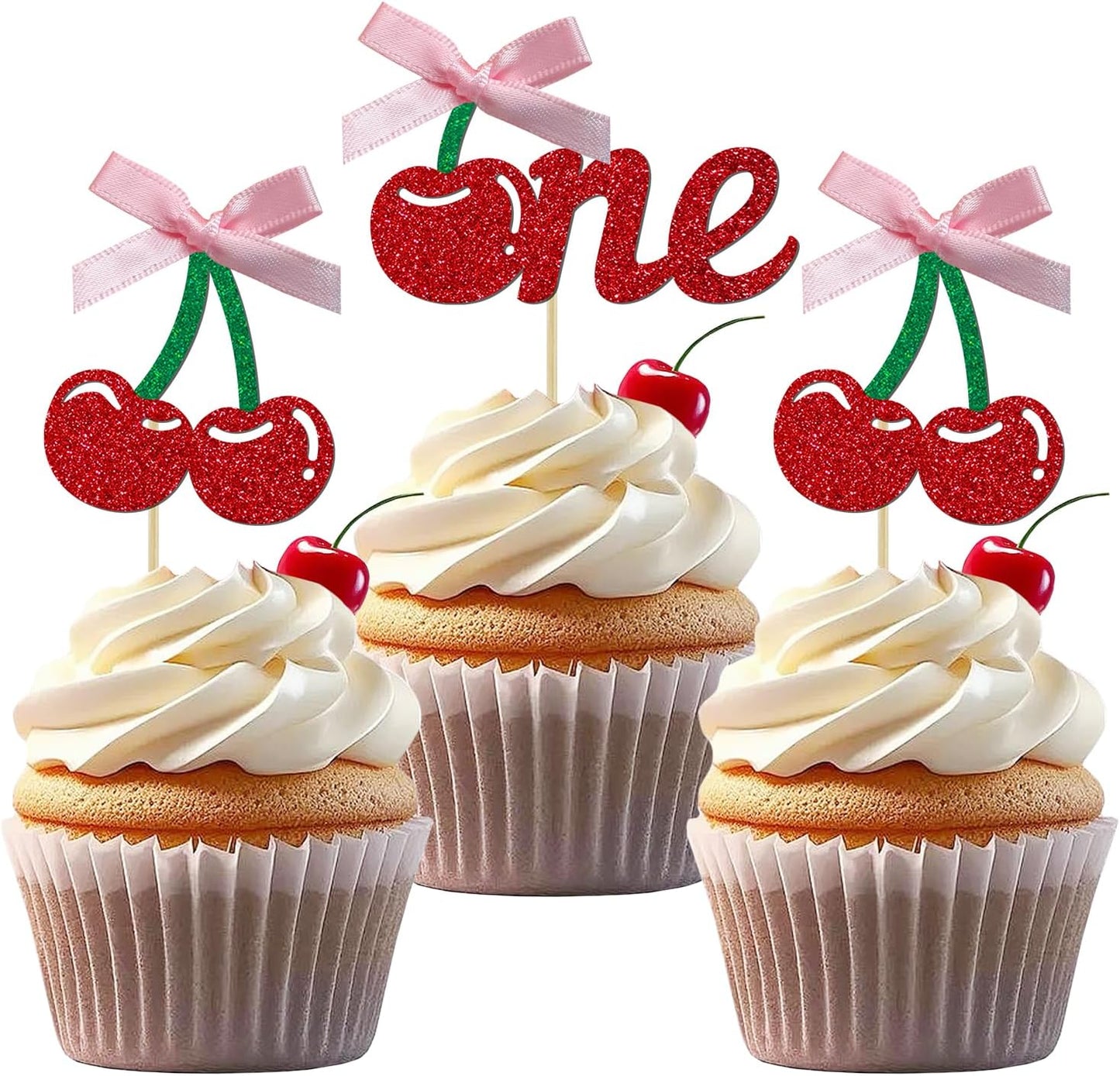24 Pack Cherry 1st Birthday Cupcake Toppers, Glitter Cherry First Birthday Cake Pick for Fruits Theme One Birthday Party Cake Decorations Supplies (Ribbon One)