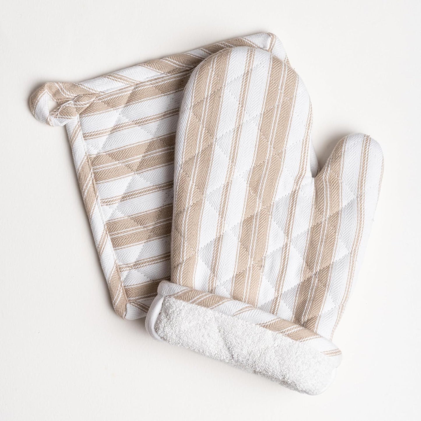 1 Oven Mitt, 1 PotHolder & 1 Kitchen Apron Set - Durable Heat Resistant Gloves - Thick Mittens for Kitchen - Suitable for Cooking, Baking, Grilling – for Men & Women – Taupe Stripes - Casa De Lan