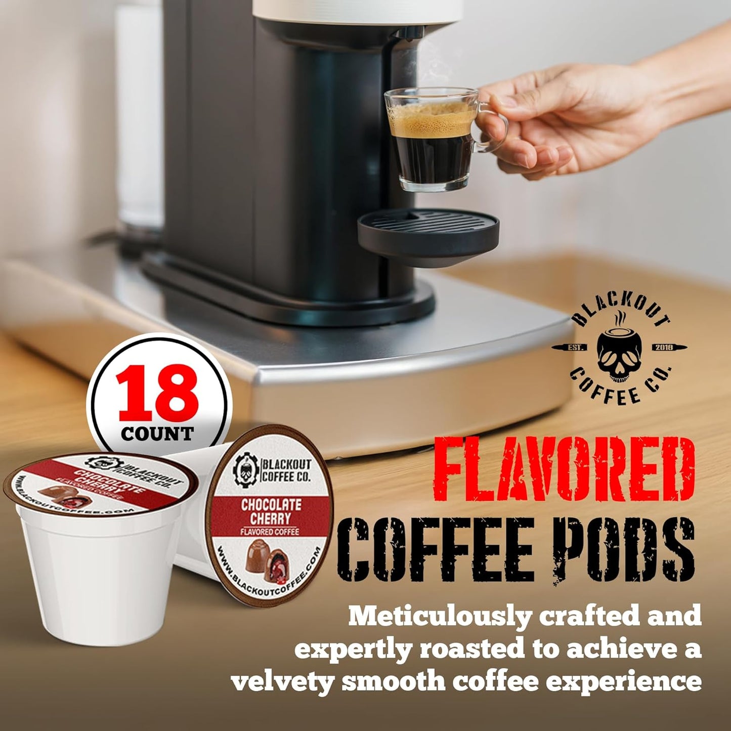 Blackout Coffee Chocolate Cherry Flavored Pods - Freshly Roasted in the USA - K-Cup Compatible Single-Serve Pods (18 Count)
