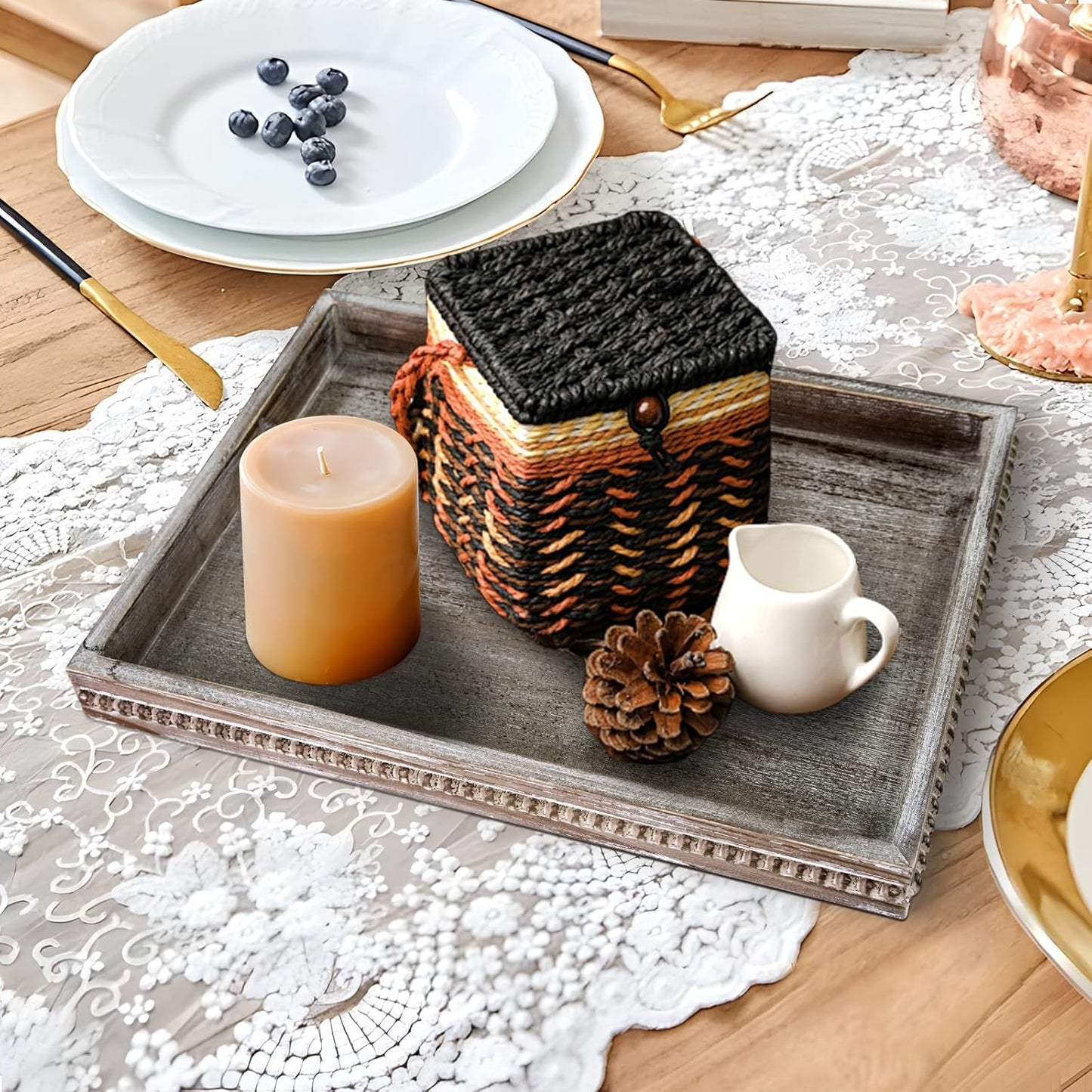 Wooden Decorative Tray, Rectangular Serving Tray with Wood Bead, Farmhouse Big Tray for Ottoman, Countertop, Coffee Tabl, 16.5" x 13"x 1.6" (Retro Brown)