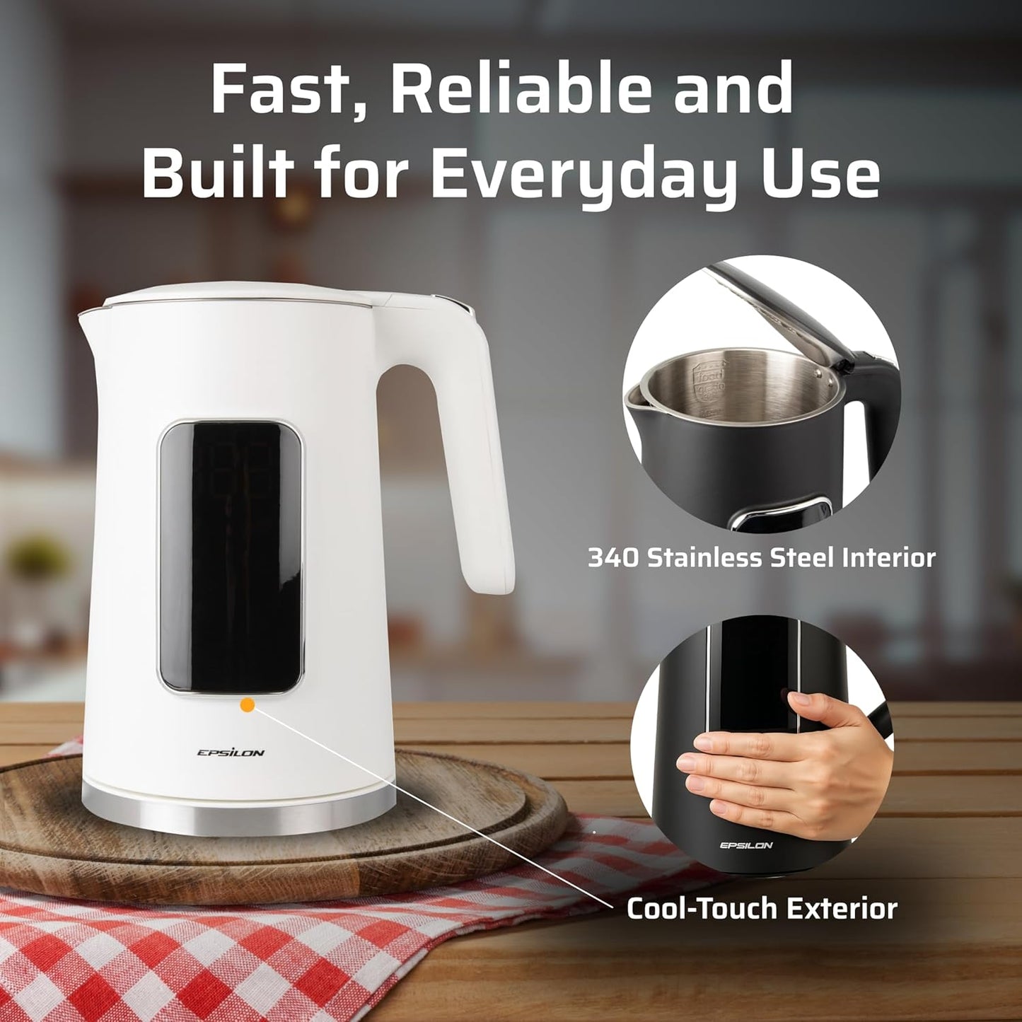 Epsilon LCD Electric Kettle 1500W - 1.7L Hot Water Tea Kettle with Digital Display, Temperature Control, Fast Boil, BPA-Free Electric Teapot with Auto Shut-Off & Boil Dry Protection